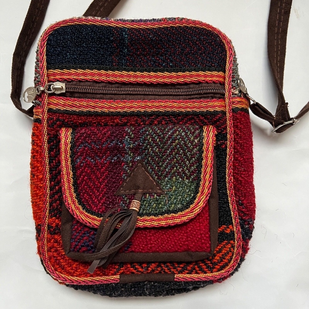 South American Woven Crossbody Bag BOHO Mexican Red Green Brown Small Shoulder